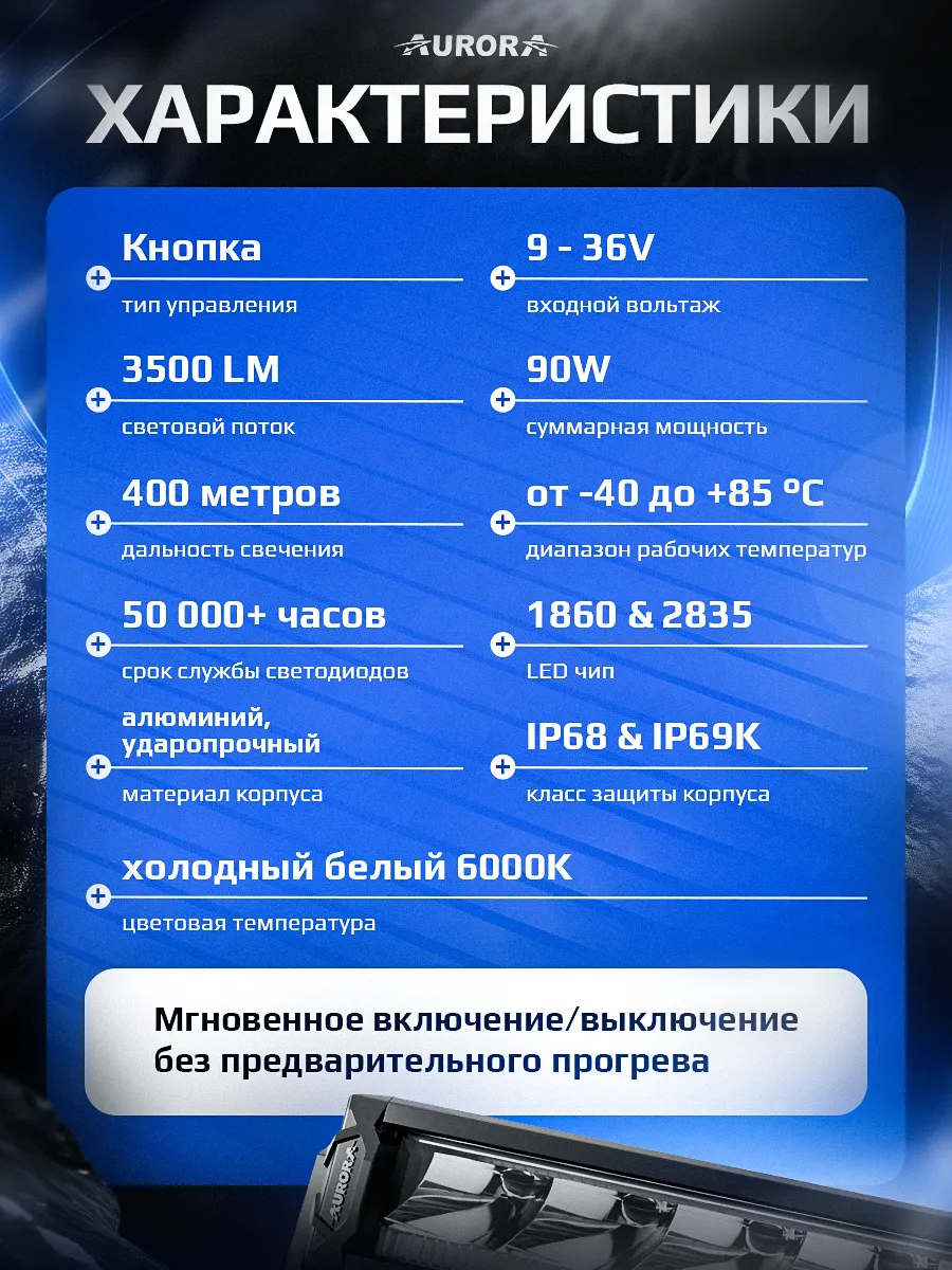СВЕТОДИОДНАЯ БАЛКА 10" ДАЛЬНЕГО СВЕТА AURORA S10 ДХО Б/Ж