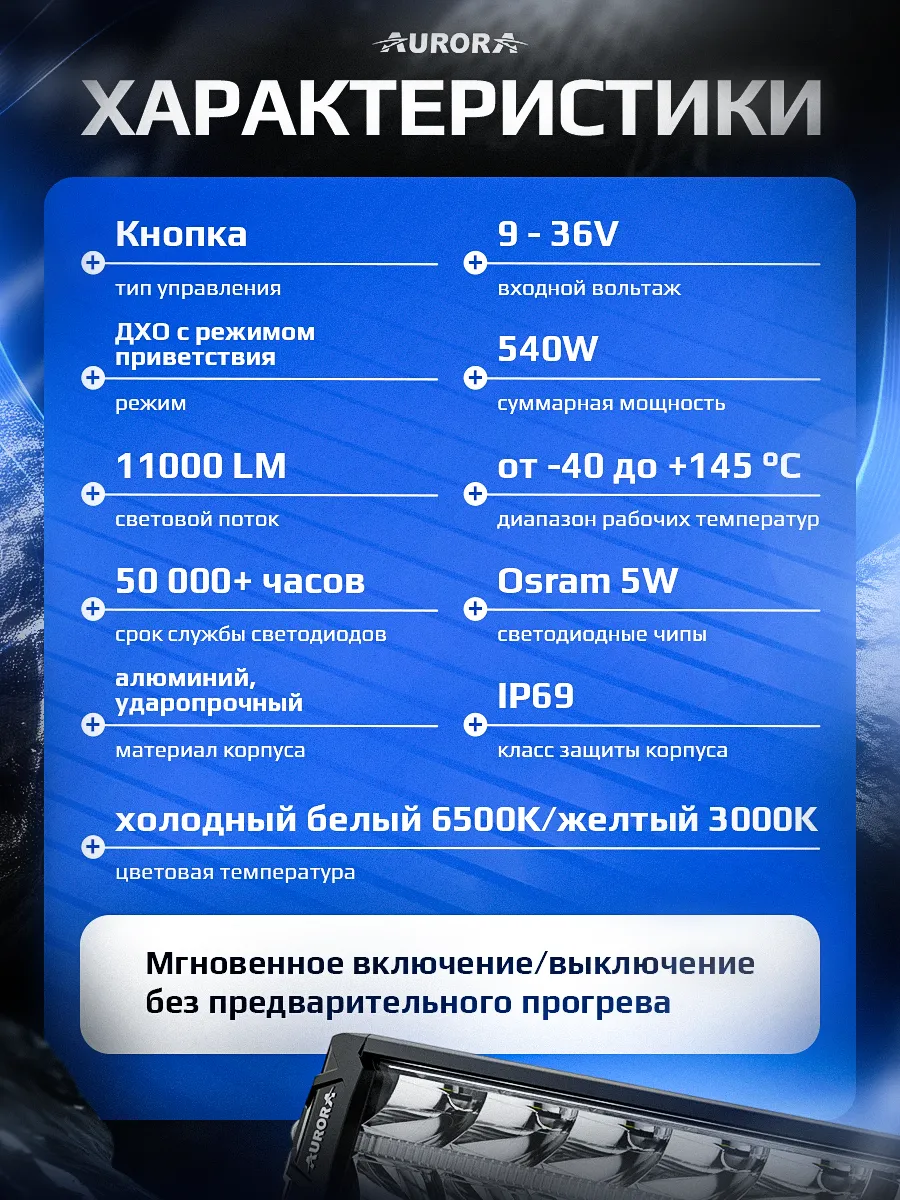 СВЕТОДИОДНАЯ БАЛКА 30" ДВУХРЯДНАЯ ДАЛЬНЕГО СВЕТА AURORA D10 ДХО Б/Ж